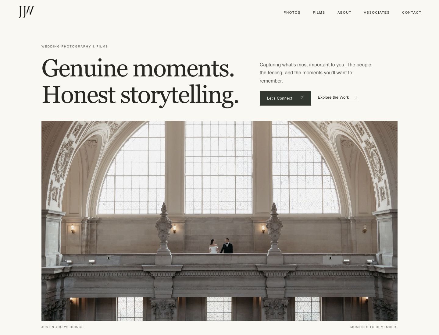 Justin Joo Weddings homepage, with an editorial serif headline and a wedding couple beneath grand arched windows